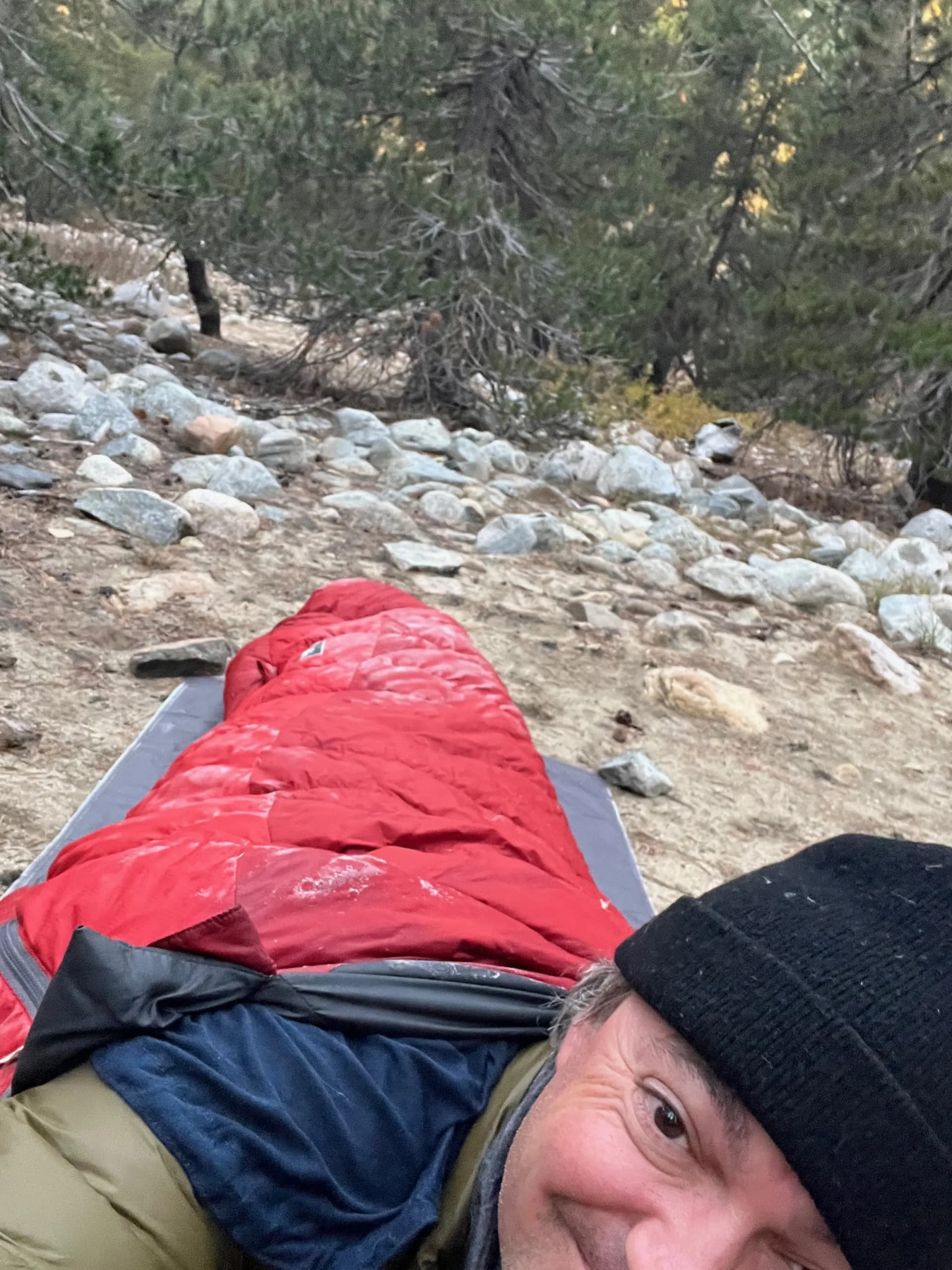 Little frost and ice on my sleeping bag, no tent. Still warm.